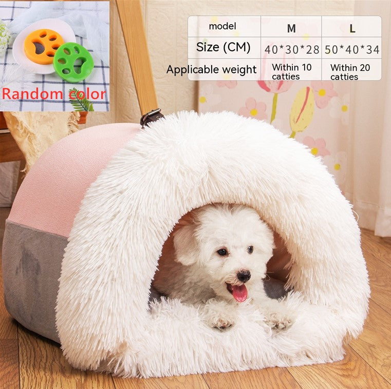 Small white dog resting inside a pink and gray plush indoor pet cave bed with fluffy white entrance