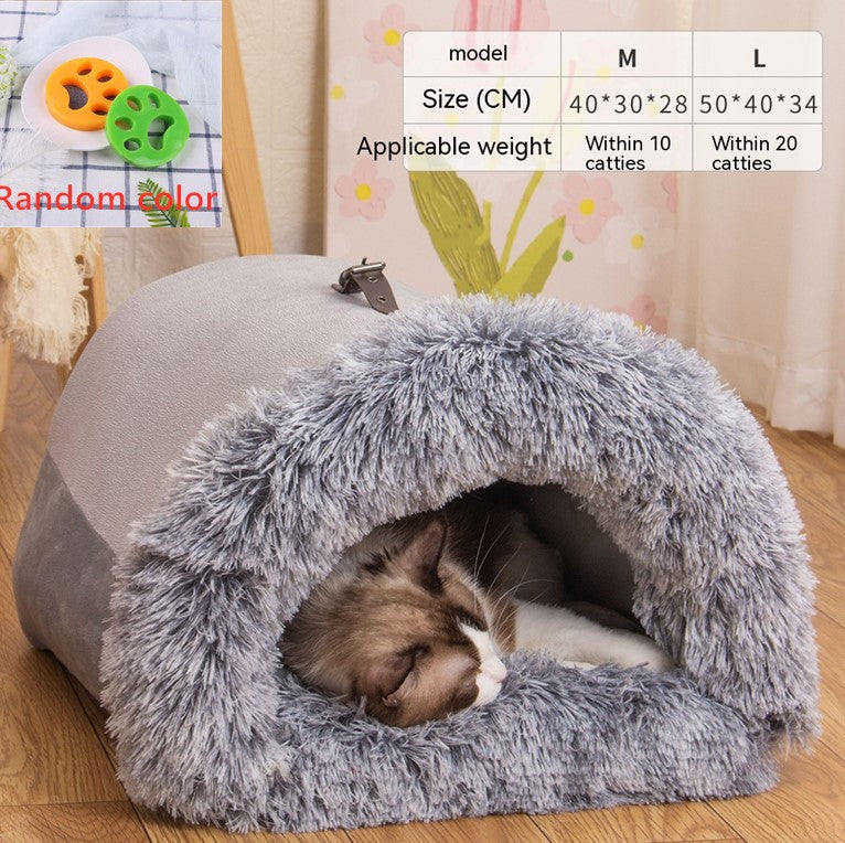 Cozy gray portable cat bed with fluffy entrance and sleeping cat inside on wooden floor