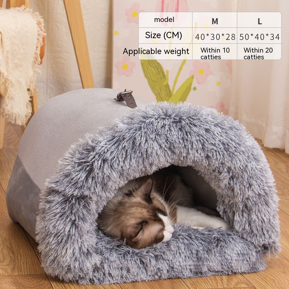 Gray plush portable pet bed with soft faux fur lining and a sleeping cat inside on wood floor