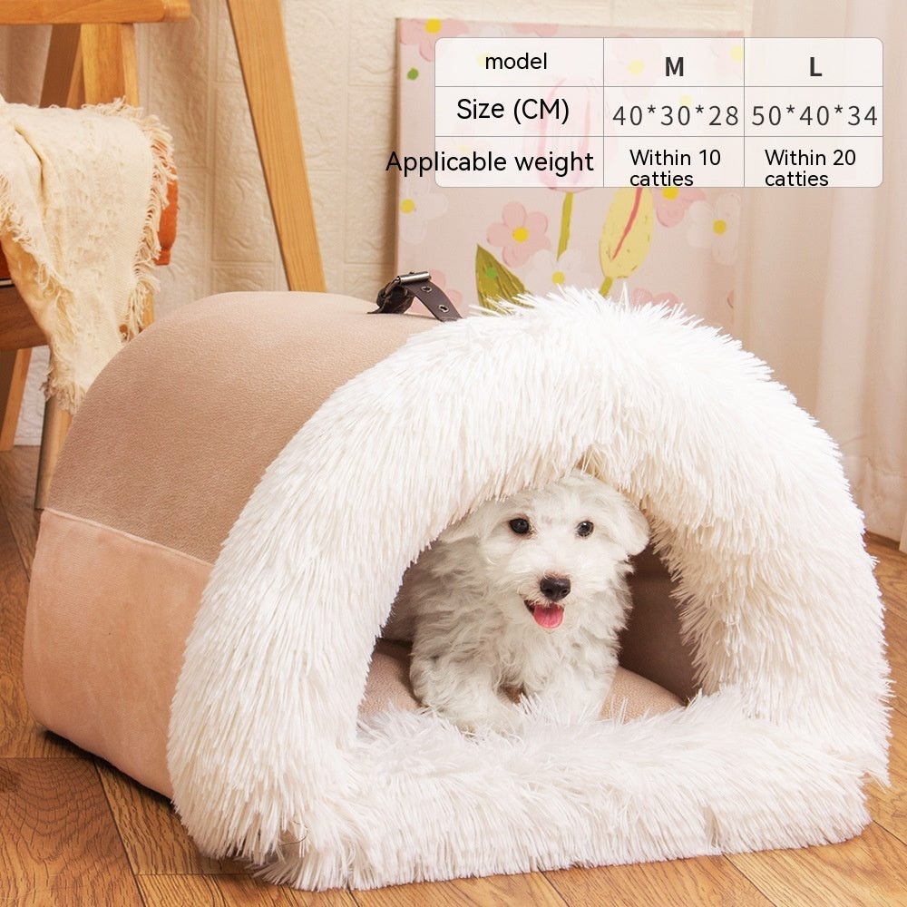 Small white dog inside soft beige pet bed with fluffy white entrance, wooden floor and cozy home setting