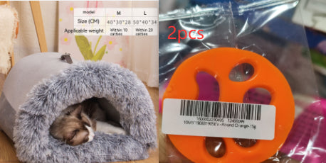gray plush cozy cat bed with furry rim and sleeping cat inside, size chart on wall