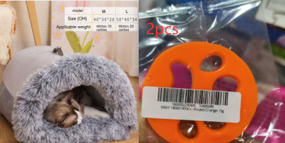 gray plush cozy cat bed with furry rim and sleeping cat inside, size chart on wall
