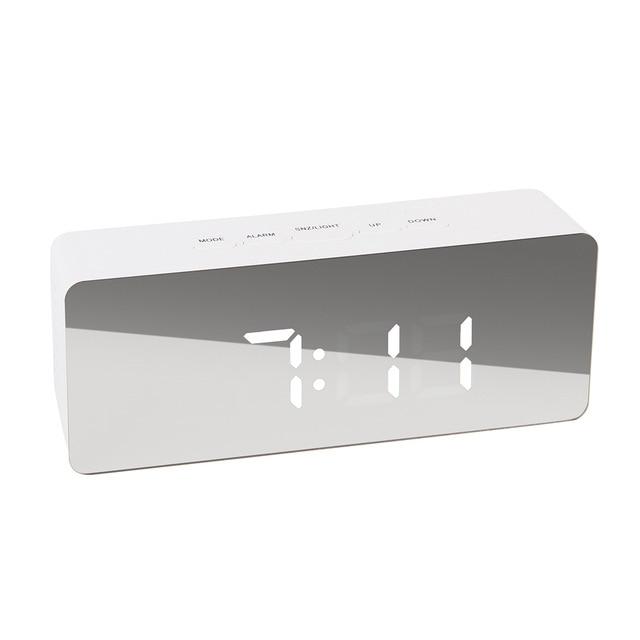 Trendy digital LED mirror clock displaying 7:11 with white casing and top buttons