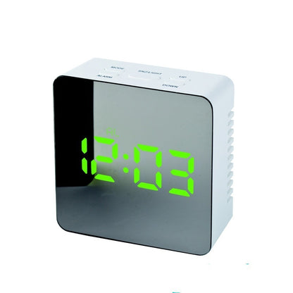 Square digital LED alarm clock with green time display and mirror surface