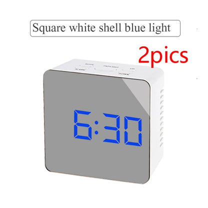 Square white digital LED mirror alarm clock with blue time display 6:30
