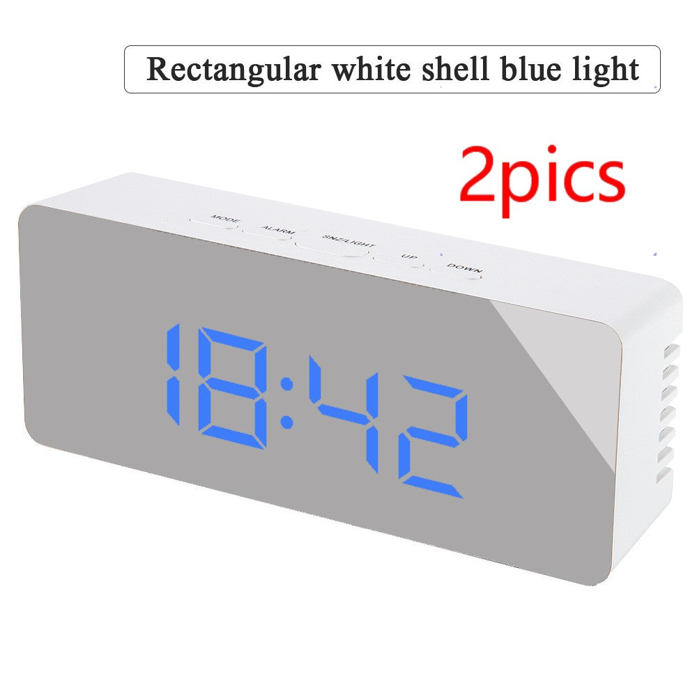Rectangular white digital LED mirror clock with blue time display and control buttons