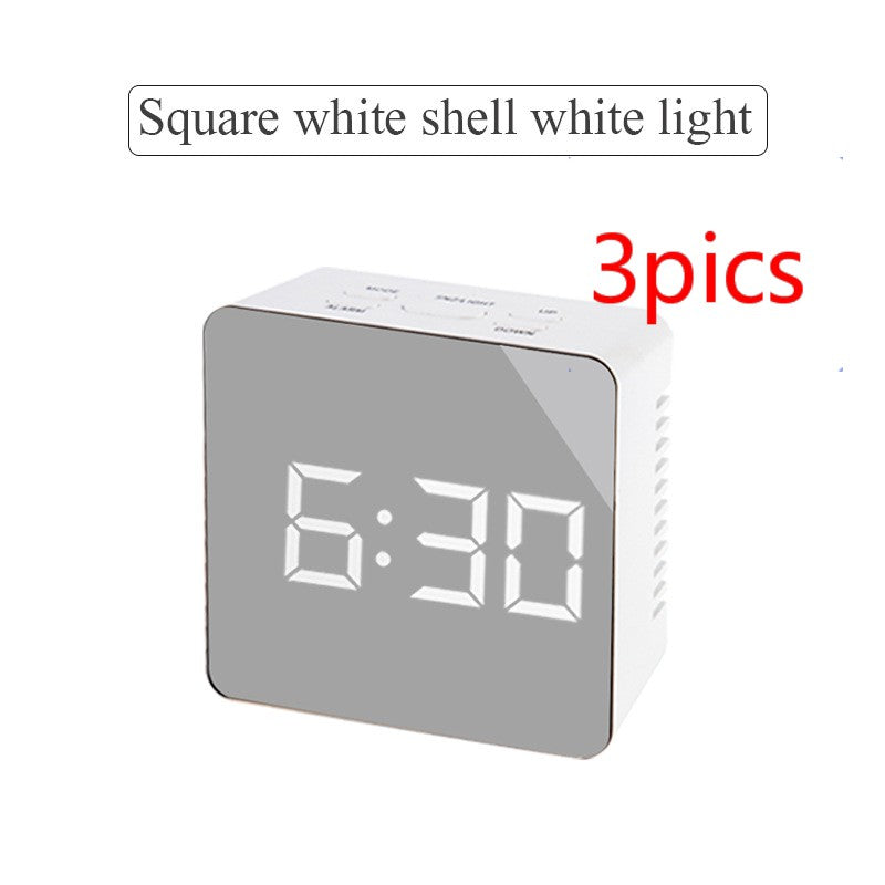 Square digital LED mirror clock in white with time display 6:30