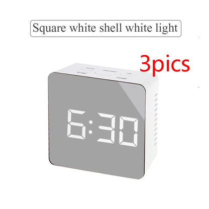 Square digital LED mirror clock in white with time display 6:30