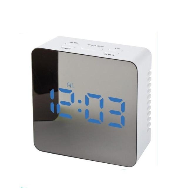 Trendoligy digital LED mirror alarm clock with blue time display, compact white casing