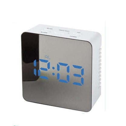 Trendoligy digital LED mirror alarm clock with blue time display, compact white casing