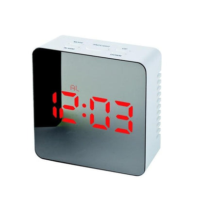 White digital LED mirror clock with red time display 12:03 and alarm indicator