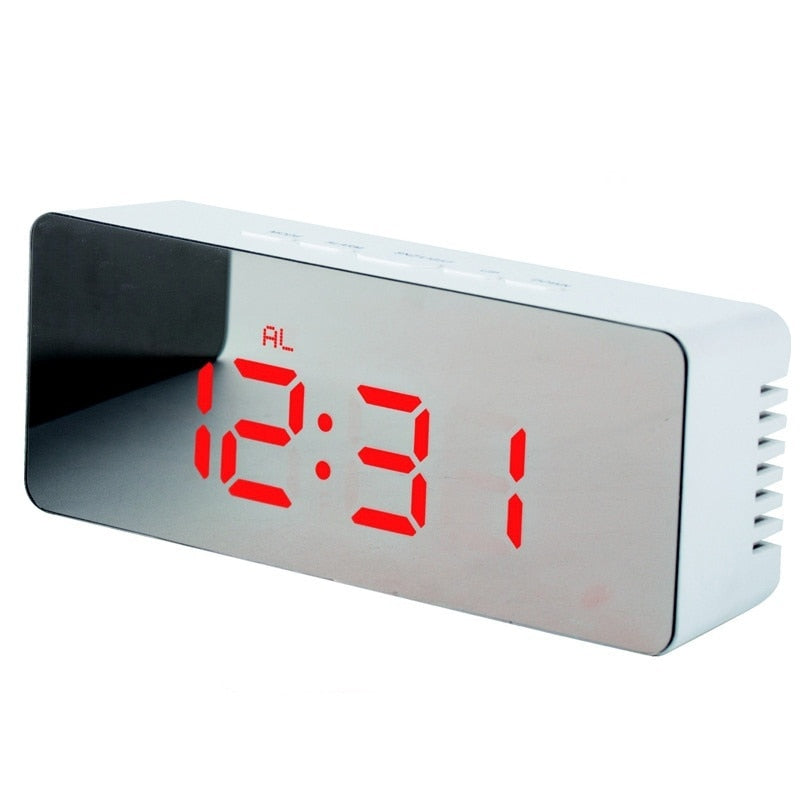 Digital LED mirror alarm clock with red time display and white rectangular body