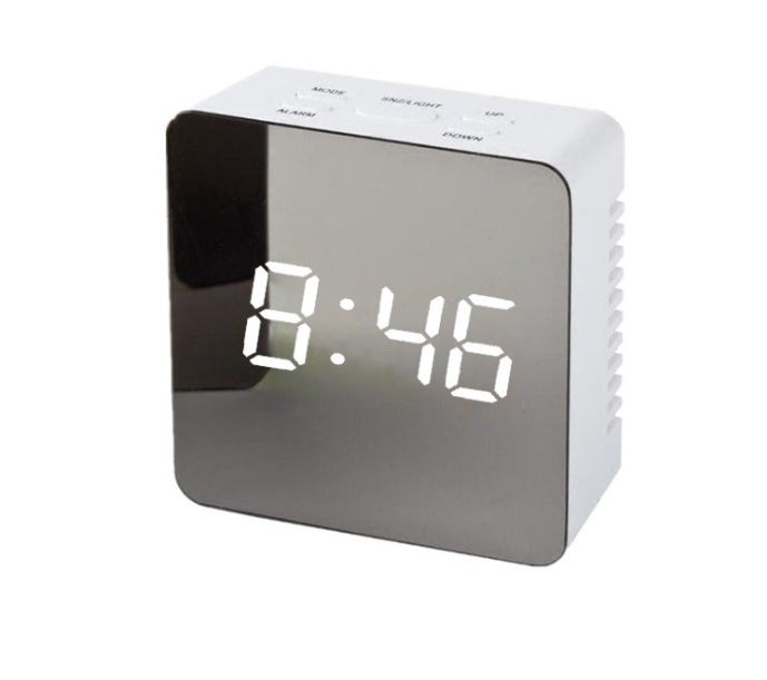 Trendoligy digital LED mirror alarm clock displaying 8:46 with white plastic body and buttons on top