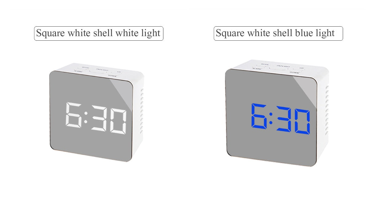 Square digital LED mirror clocks with white and blue time display, white casing, modern design