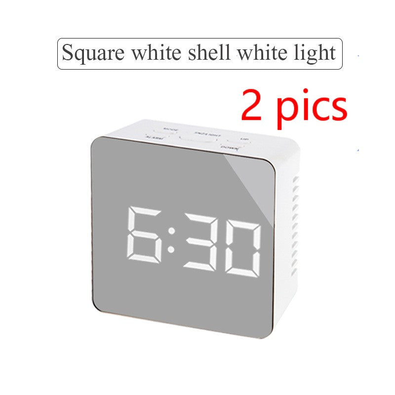 Square digital LED mirror clock with white shell and white light display showing 6:30