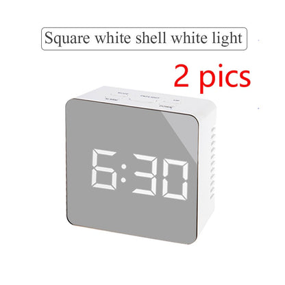 Square digital LED mirror clock with white shell and white light display showing 6:30