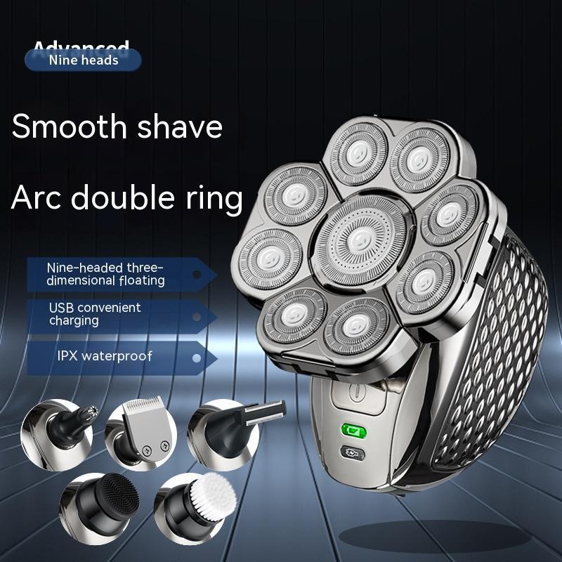 Rechargeable electric shaver with nine rotary heads, arc double ring design, and five interchangeable grooming attachments