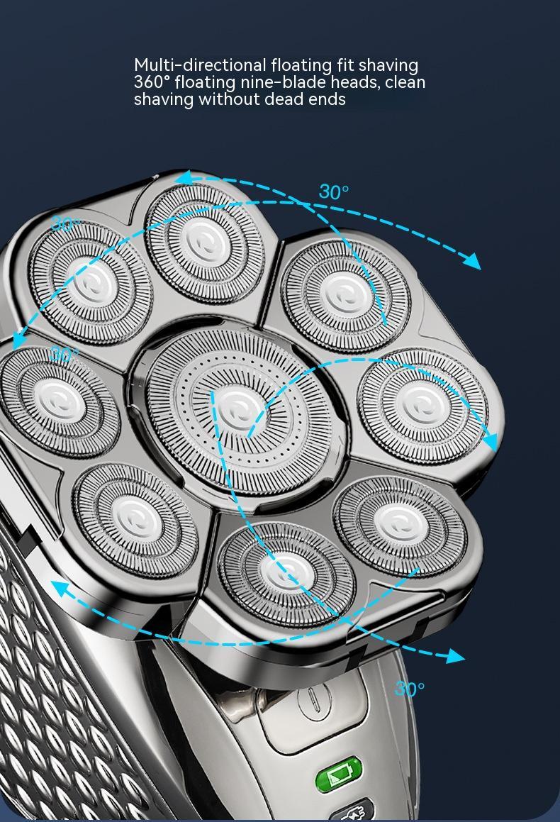 Rechargeable electric shaver with nine floating blade heads and 360° multi-directional shaving feature