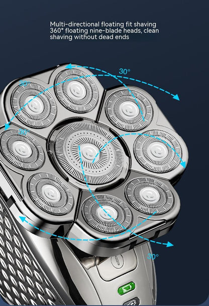 Rechargeable electric shaver with nine floating blade heads and 360° multi-directional shaving feature