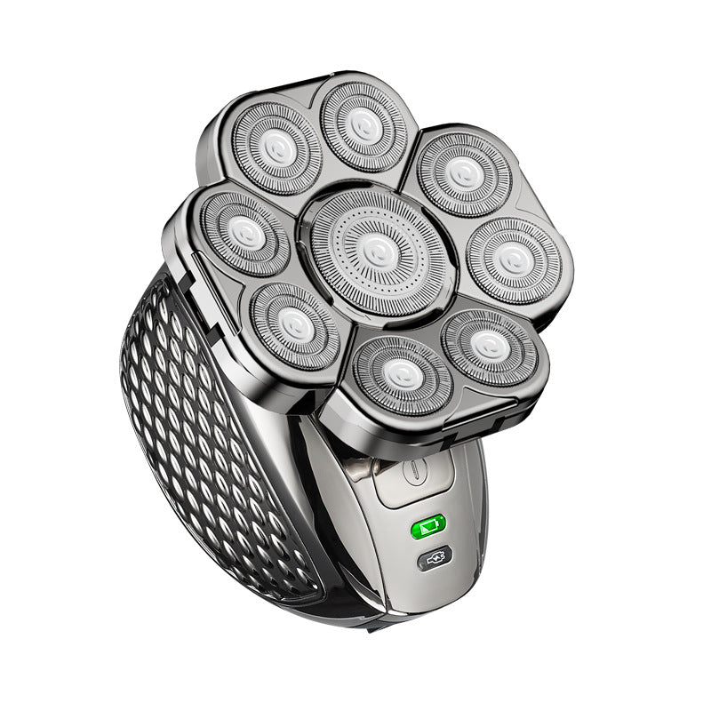 Rechargeable electric shaver with seven rotary shaving heads and ergonomic textured grip
