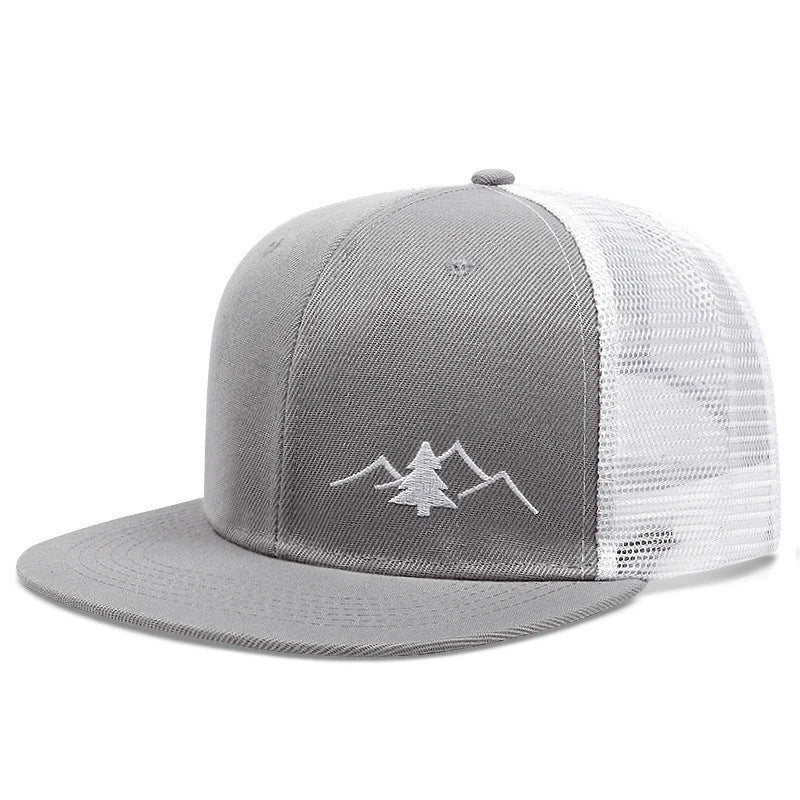 Gray and white adjustable trucker cap with mountain and tree embroidery on front panel