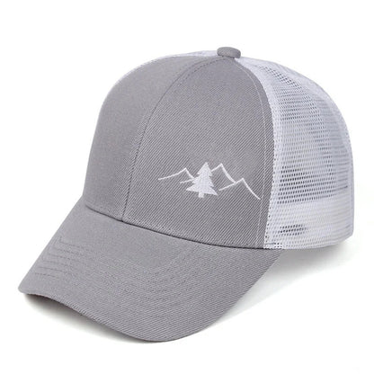 Gray adjustable trucker cap with white mesh back and embroidered mountain and tree design