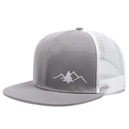 Gray adjustable trucker cap with white mesh back and mountain tree embroidery
