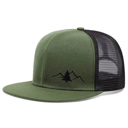 Olive green adjustable trucker cap with black mesh back and mountain tree embroidery