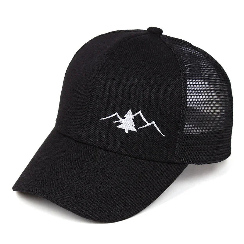 Black adjustable trucker cap with white mountain and tree embroidery and mesh back