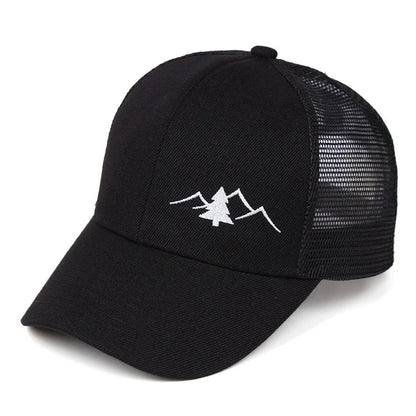 Black adjustable trucker cap with white mountain and tree embroidery and mesh back