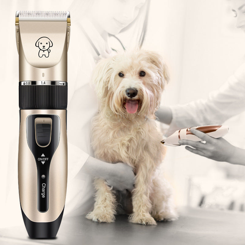 Rechargeable dog grooming trimmer with ceramic blade next to happy fluffy dog and groomer