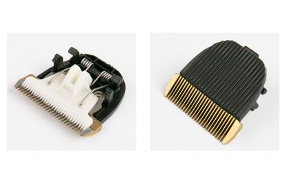 Two pet grooming clipper blades; one ceramic white blade and one black blade with gold teeth