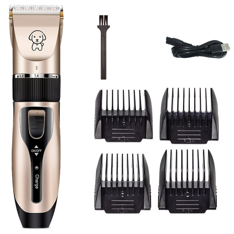 Rechargeable dog grooming trimmer with ceramic blade, four clipper guards, cleaning brush, and USB charging cable