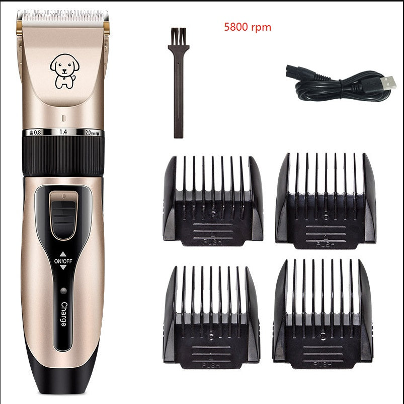 Rechargeable dog grooming trimmer with ceramic blade, 4 guide combs, cleaning brush, and USB cable