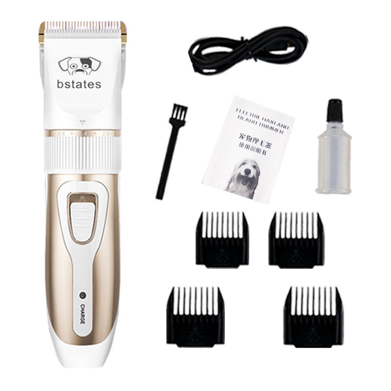 BSTATES rechargeable pet hair clipper with ceramic blade, cleaning brush, oil bottle, power cord, and four black attachment combs