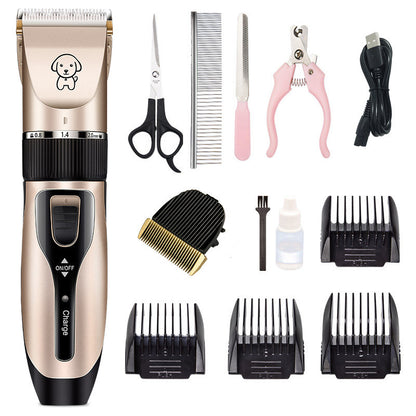 Rechargeable dog grooming clipper set with ceramic blade, scissors, comb, nail clippers, USB charger, and guide combs