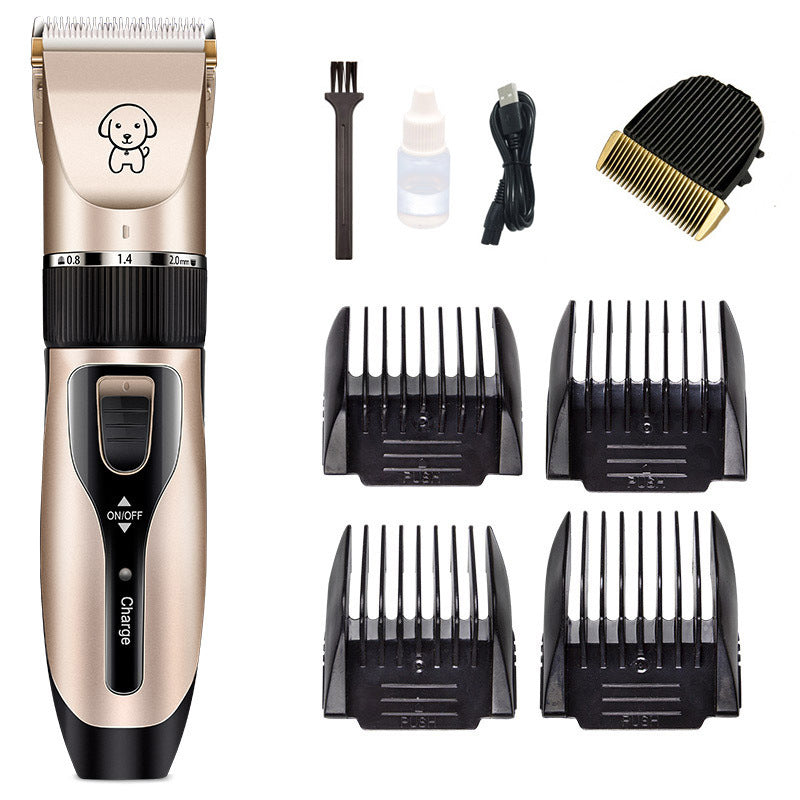 Rechargeable gold dog grooming clipper with ceramic blade and four black guide combs