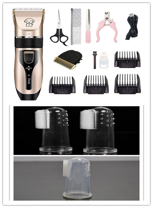 Rechargeable dog grooming trimmer with ceramic blade and grooming accessories including scissors, comb, nail clipper, USB cable, and clipper guards