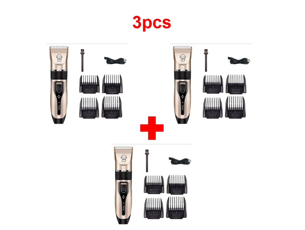 Three rechargeable dog grooming trimmers with ceramic blades, comb attachments, USB cables, and cleaning brushes