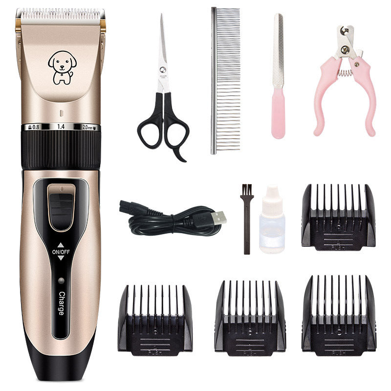 Rechargeable pet hair clipper with ceramic blade, grooming scissors, comb, nail clipper, file, USB charger, clipper guards