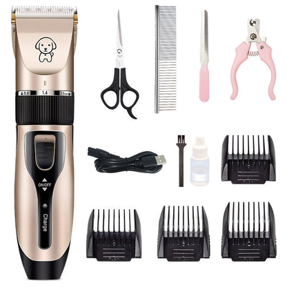 Rechargeable pet hair clipper with ceramic blade, grooming scissors, comb, nail clipper, file, USB charger, clipper guards