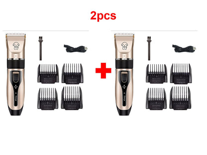Two rechargeable dog grooming trimmers with ceramic blades, four black clipper combs, cleaning brushes, and USB cables