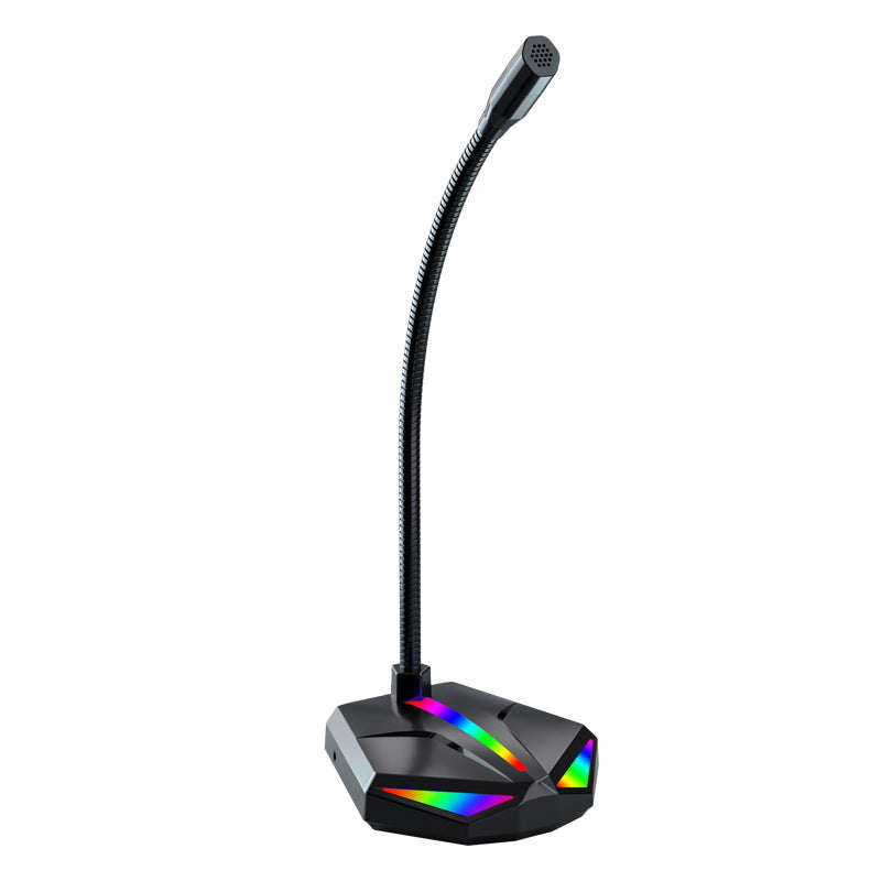 Black USB gaming microphone with flexible neck and RGB lighting on base for PC and laptop