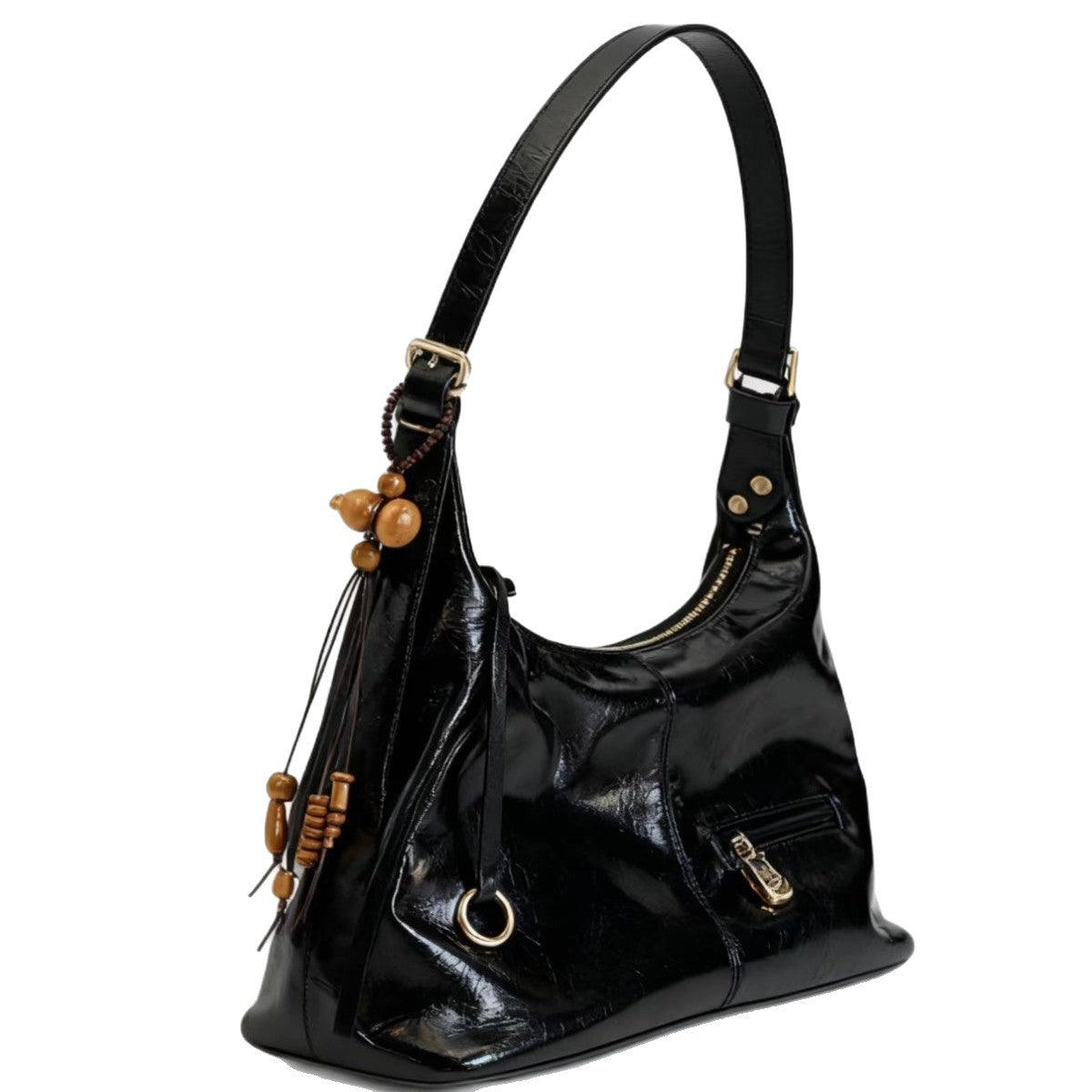 Black shiny PU leather shoulder bag with gold hardware and wooden bead tassel accessory