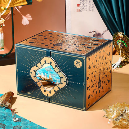 Decorative multicolor oriental makeup set box with peacock design and 22-piece label