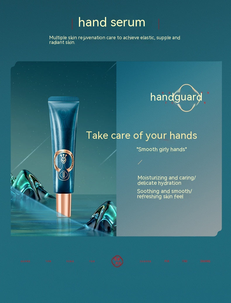 Blue hand serum tube with gold cap on teal background, promoting moisturizing and skin rejuvenation
