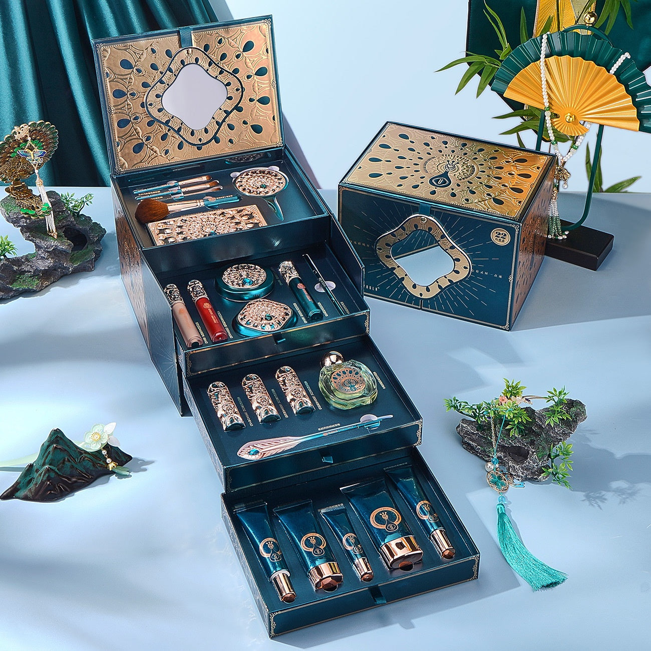 Luxury 22-piece oriental makeup set with ornate gold details and teal packaging, festival style