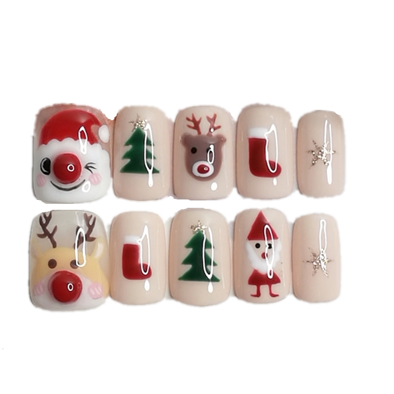 Christmas-themed press-on nails with Santa, reindeer, Christmas tree, stocking, and glitter star designs on nude base