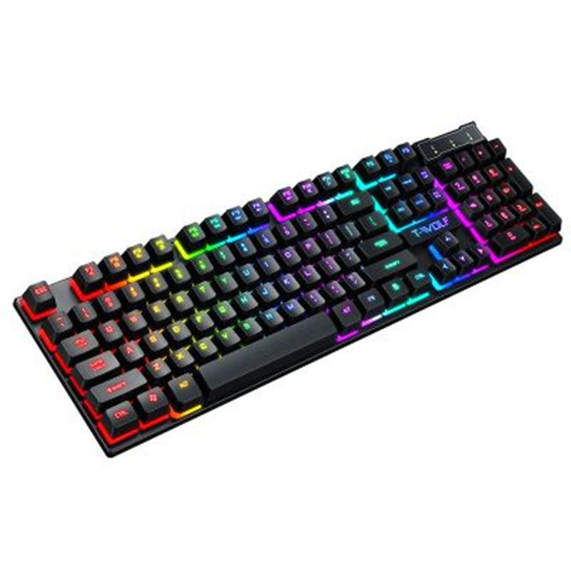T-WOLF black wired USB gaming keyboard with RGB backlit keys and floating design