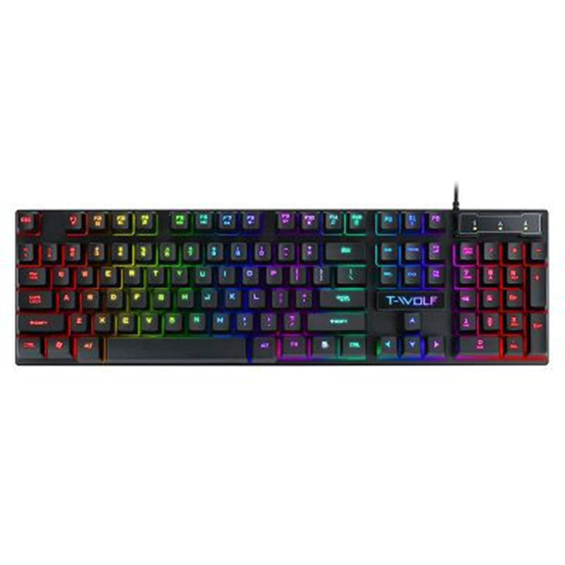 T-WOLF black wired USB gaming keyboard with RGB backlit floating keys and multimedia shortcuts